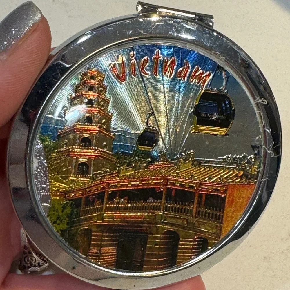 Vietnam Souvenir Compact Mirror Silver Tone‎ Folding Dual Mirror 3D Relief Art